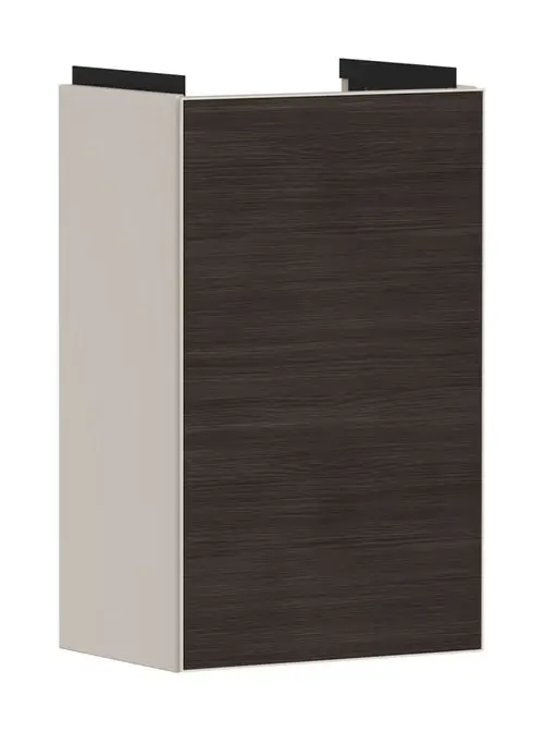 Waschtischunterschrank in Sandbeige mit einer Holzoberfläche. Die linke Tür öffnet sich und ist für ein Handwaschbecken geeignet. Marke: Hansgrohe.